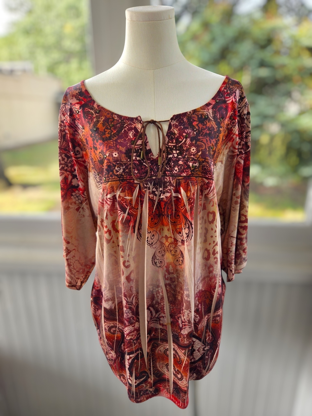 Live and Let Live Boho Paisley Keyhole Studded Tunic Top – 1X